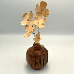Wood Bud Vase w/ Wood Petal Dogwood Flowers & Wire Stems